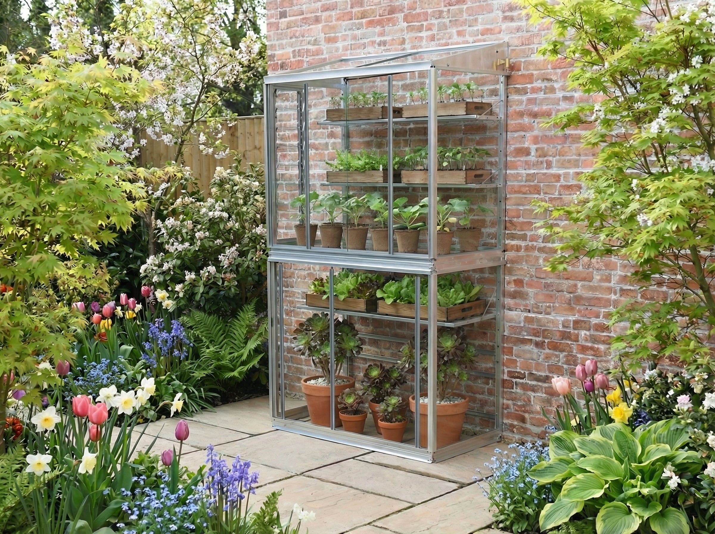 Hampton lean to mini greenhouse with spring planting