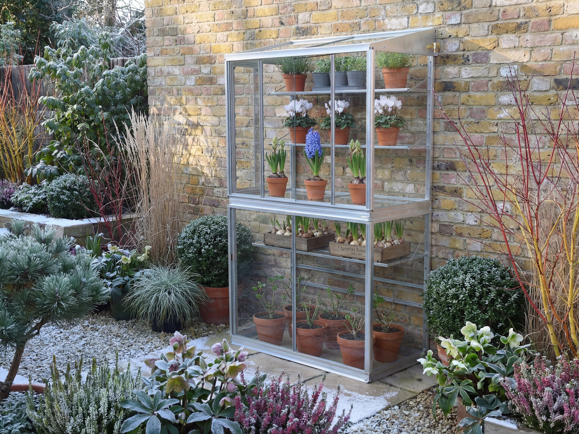 AL5 Lean-to Mini greenhouse in winter