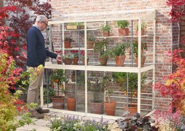 Powder coated Hampton-D 6’ 5” lean to Mini greenhouse with auto louvre – Frame & Shelves Antique Ivory