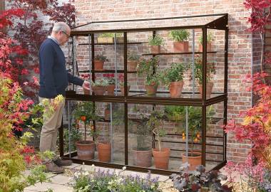 Powder coated Hampton-D 6’ 5” lean to Mini greenhouse with auto louvre – Frame & Shelves Chestnut Brown