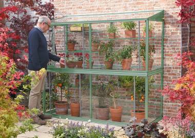 Powder coated Hampton-D 6’ 5” lean to Mini greenhouse with auto louvre – Frame & Shelves Cotswold Green