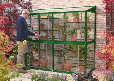 Powder coated Hampton-D 6’ 5” lean to Mini greenhouse with auto louvre – Frame & Shelves Racing Green