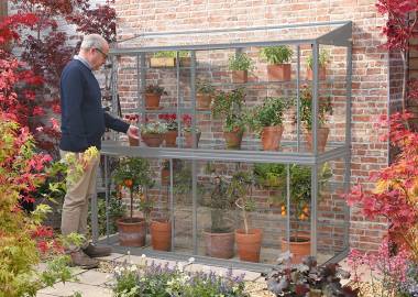 Powder coated Hampton-D 6’ 5” lean to Mini greenhouse with auto louvre – Frame & Shelves Smokey Grey