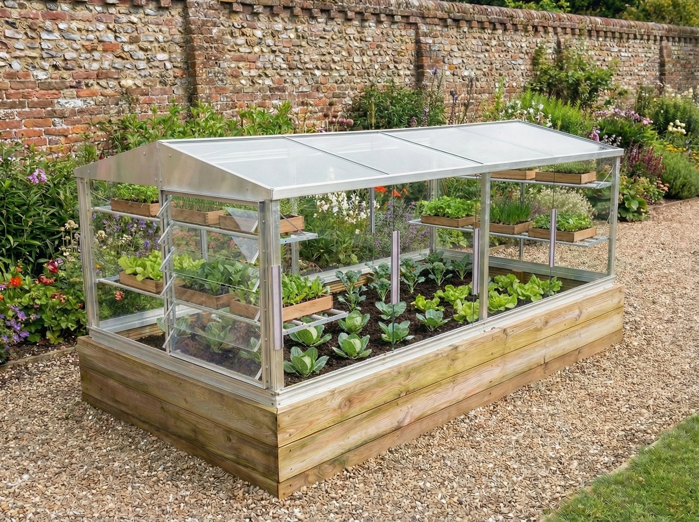 8ft x 4ft metal and glass cold frame on a wooden raised bed